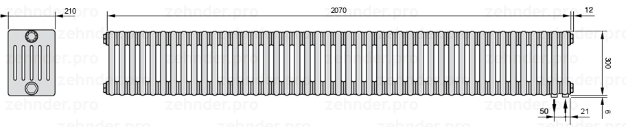 Схема (чертеж) Радиатор Zehnder Charleston 6030/45 №5510 Белый глянцевый RAL 9016